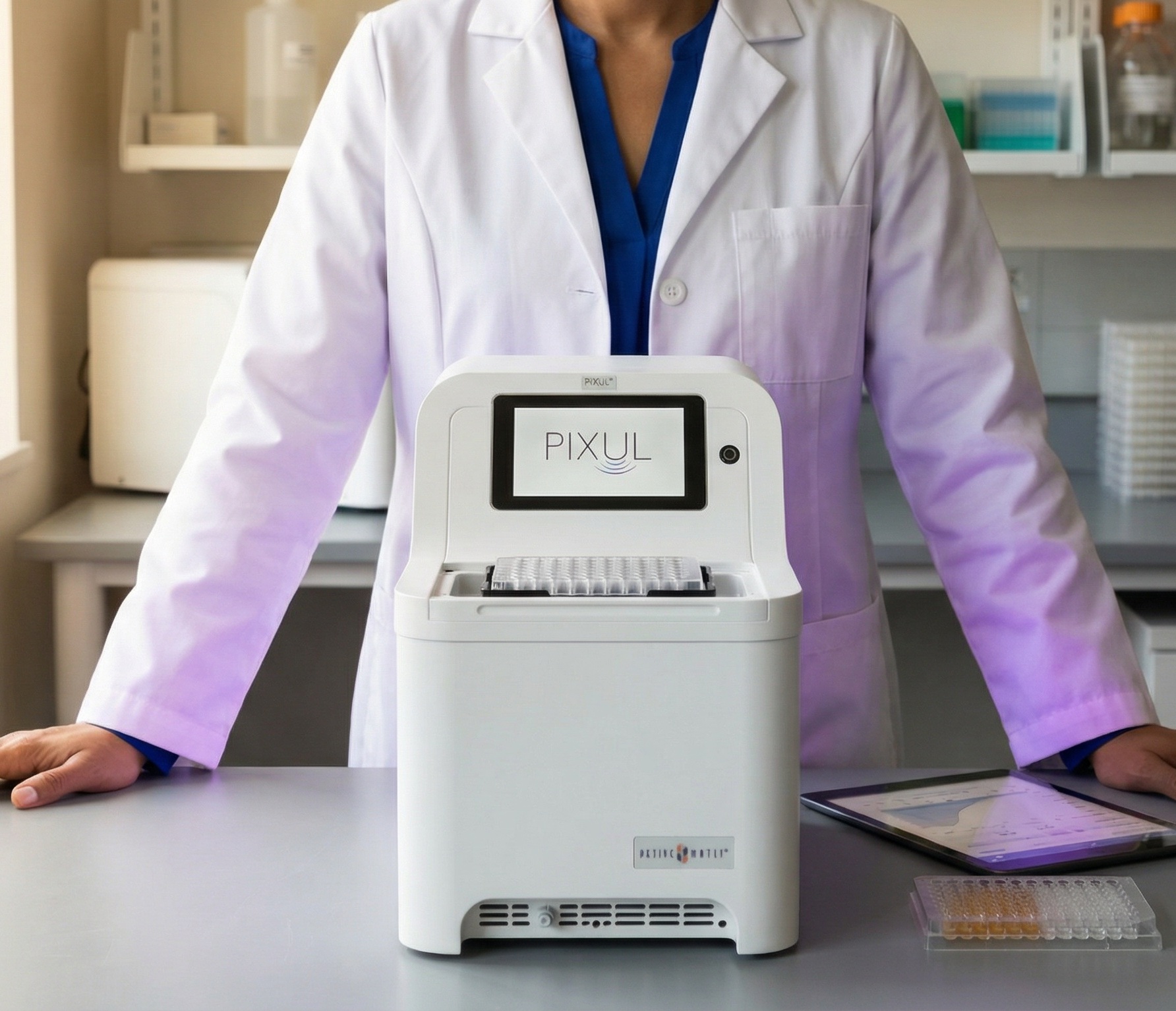 Researcher working with PIXUL Multi-Sample Sonicator in a proteomics laboratory